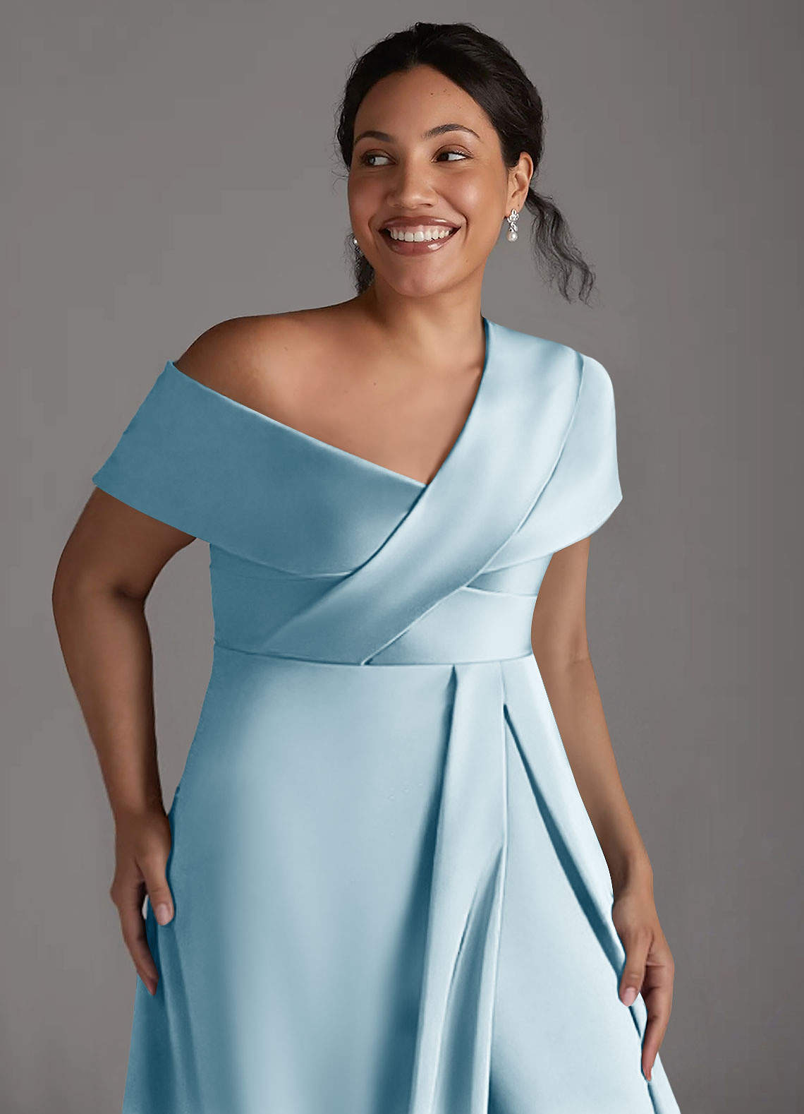 Azazie Milton Abiti per la Madre della Sposa Abito A-Line in Raso Elasticizzato Plissettato Azzurro image12