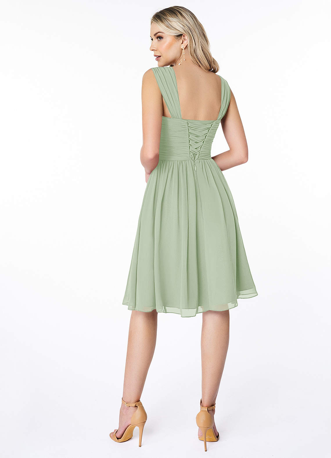 Azazie Angie Robes de demoiselle d'honneur Robe Trapèze en Mousseline de soie Corset Vert Sauge image1