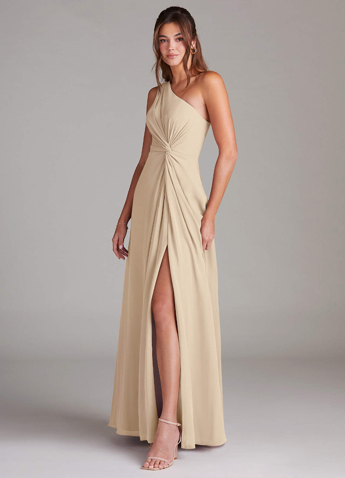 Azazie Brooke Bridesmaid Dresses Champagne A-Line One Shoulder Chiffon Dress image4