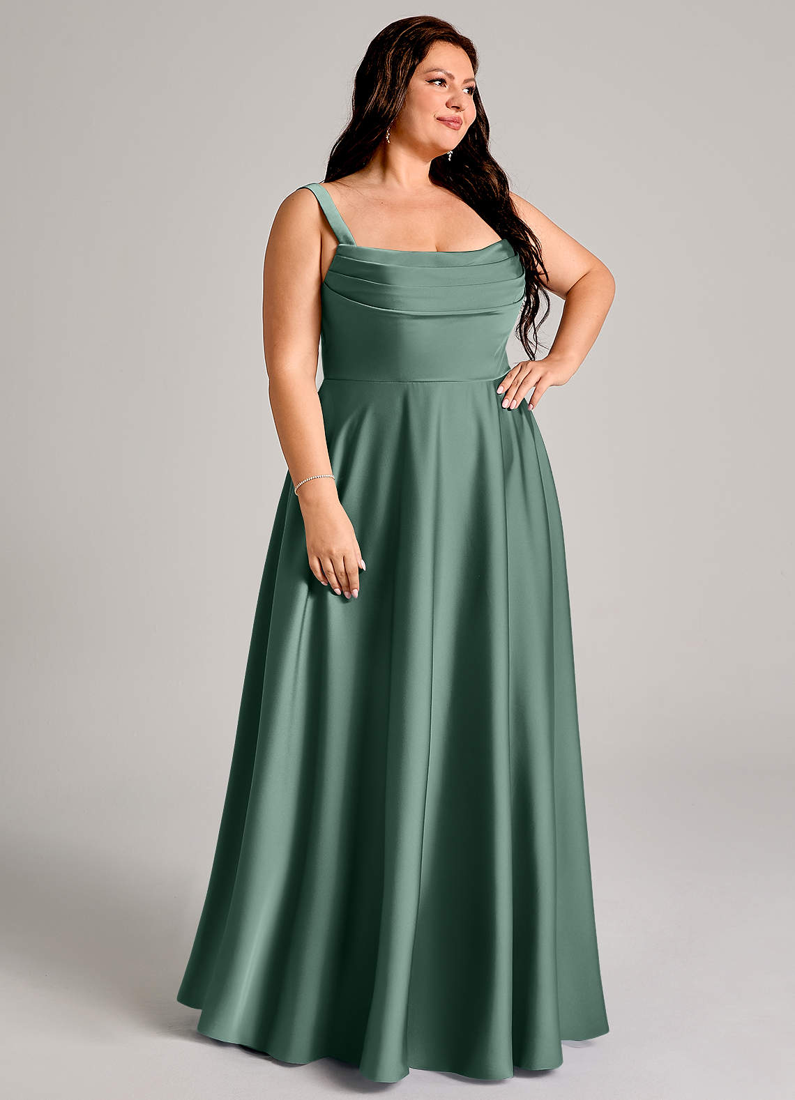 Azazie Shaude Bridesmaid Dresses Eucalyptus A-Line Pleated Stretch Satin Dress image9