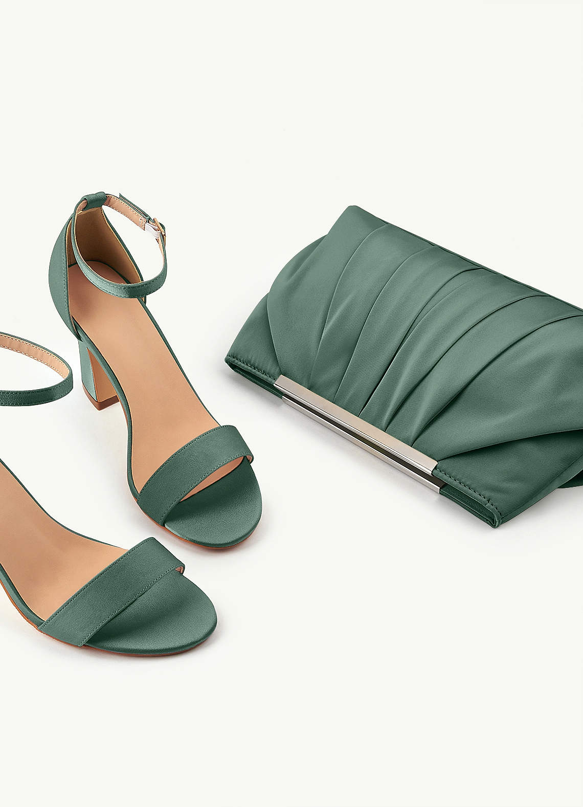 front Matching Color Stretch Satin Chunky Heel Sandals & Pleated Clutch Set