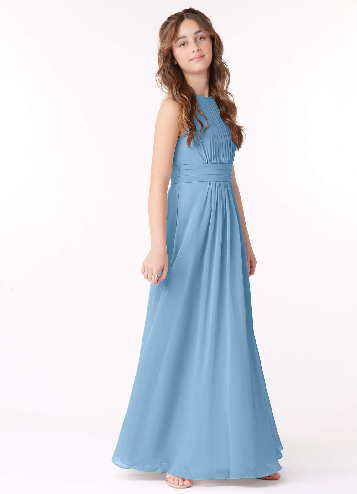 Azazie Bonnie Junior Steel Blue A-Line Pleated Chiffon Dress image1