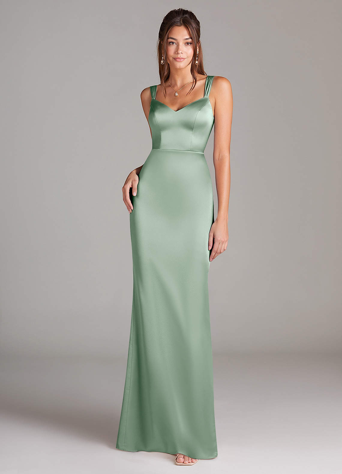 Azazie Denice Bridesmaid Dresses Agave Sheath Pleated Stretch Satin Dress image2
