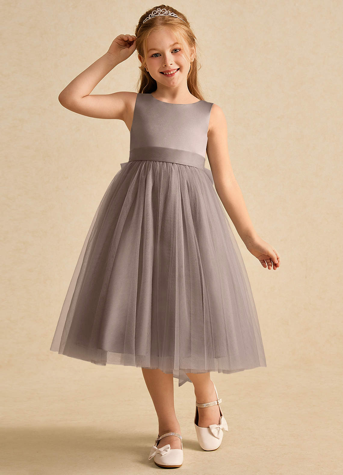 Azazie Winnie vestidos de niña de las flores Vestido de Gris Pardo de Tul de Princesa con Lazo image3
