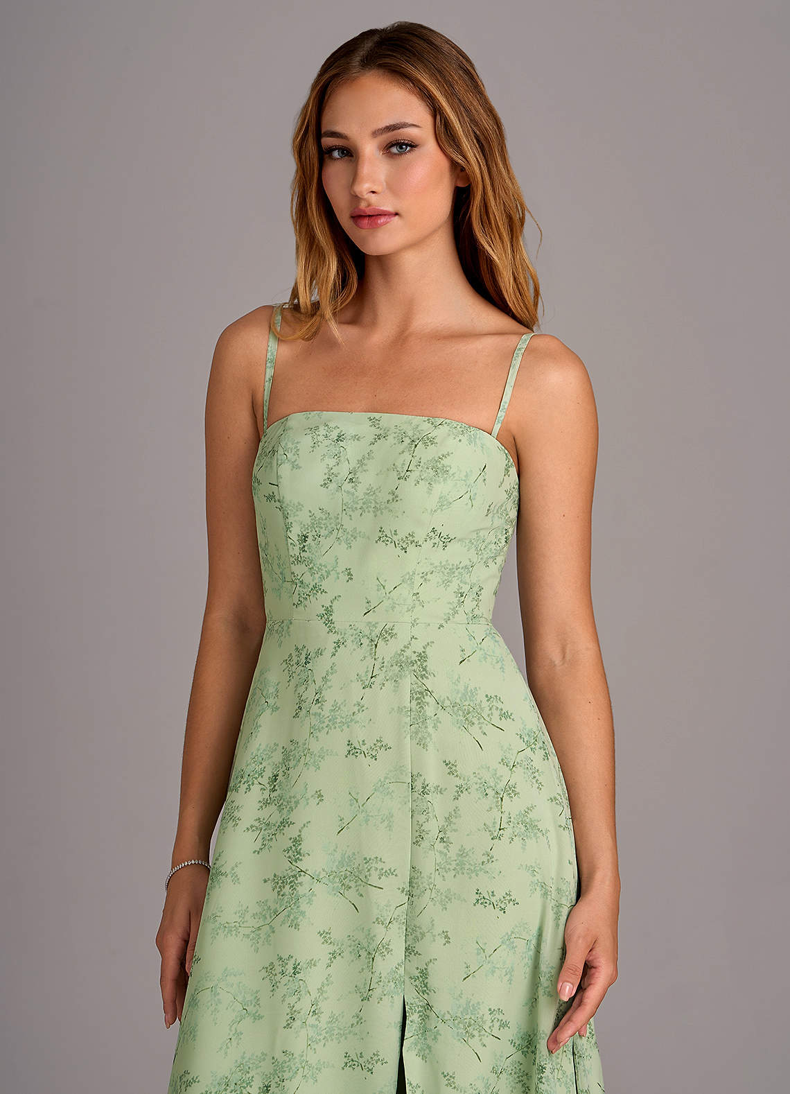 Azazie Wren Bridesmaid Dresses Green Fern Floral A-Line Side Slit Chiffon Convertible Dress image1