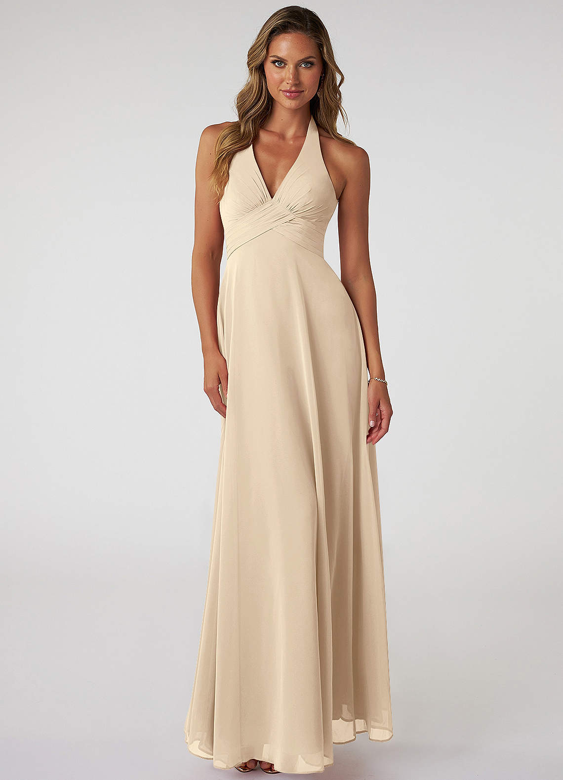 Azazie Tessie Bridesmaid Dresses Champagne A-Line V-Neck Pleated Chiffon Dress image1