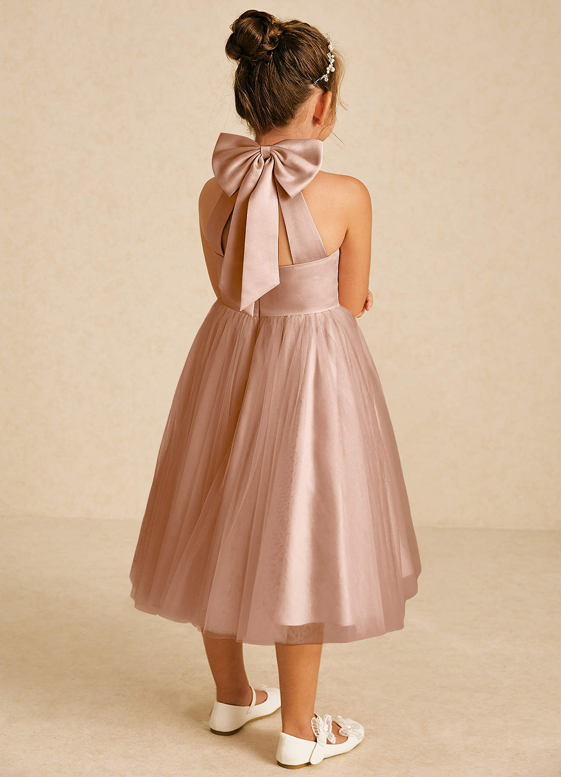Azazie Dora Flower Girl Dresses Champagne Rose A-Line Bow Tulle Dress image1