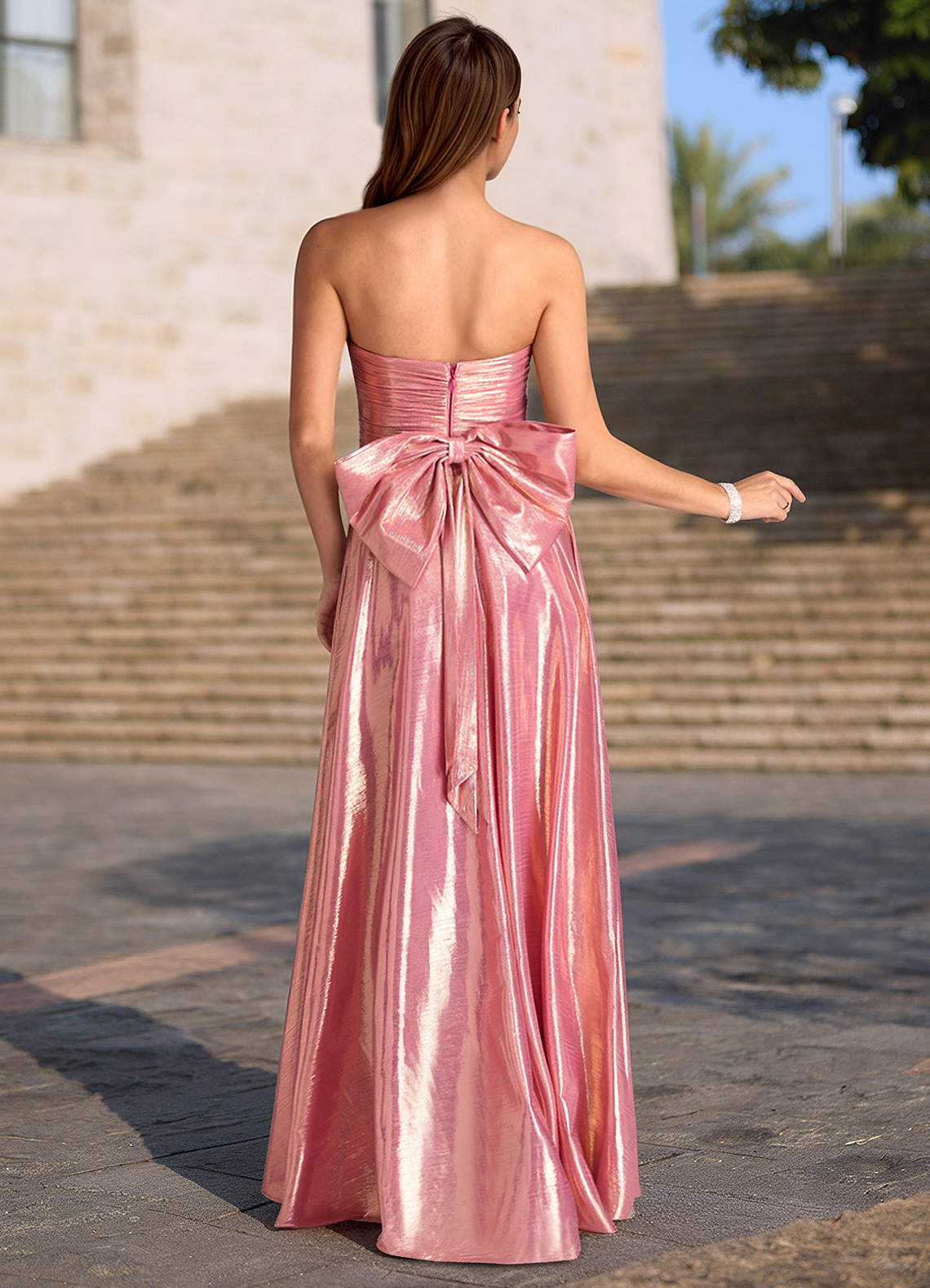 green emerald velvet dress Open-Back Long Prom Dress with Statement Bow Fuchsia / 10