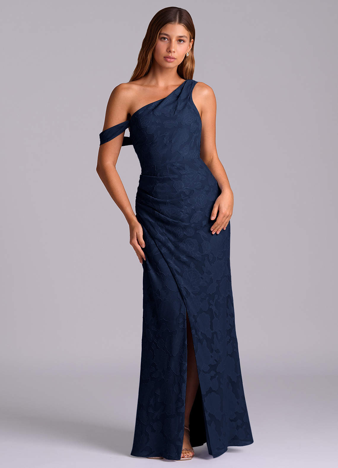 Azazie Madelyn At-home Try On Dresses Dark Navy Mermaid One Shoulder Floral Burnout Convertible Dress image1