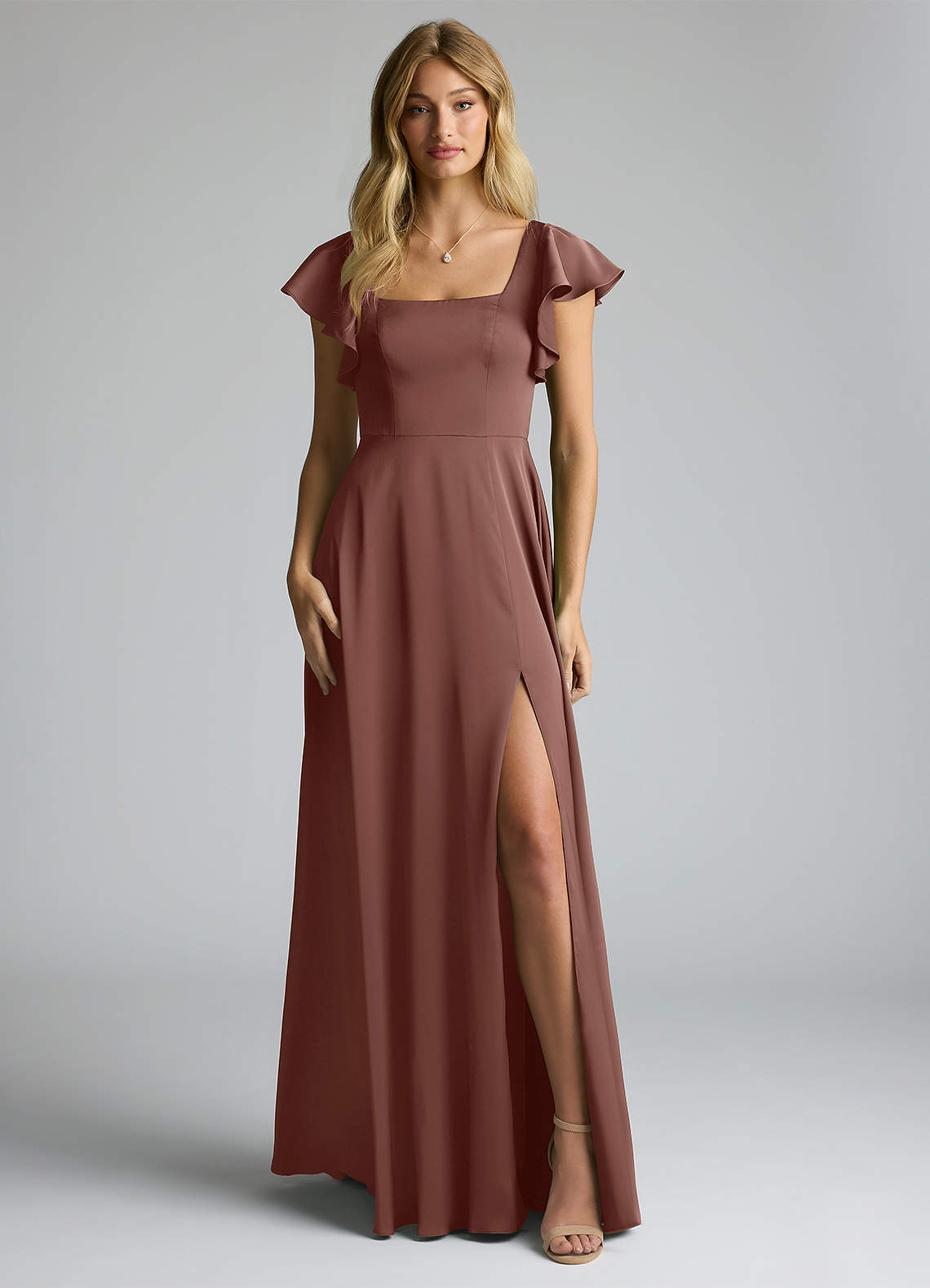 Azazie Bondi Vestidos de madrinha de casamento Vestir Café Expresso de Cetim elástico de Linha A com Arco image4