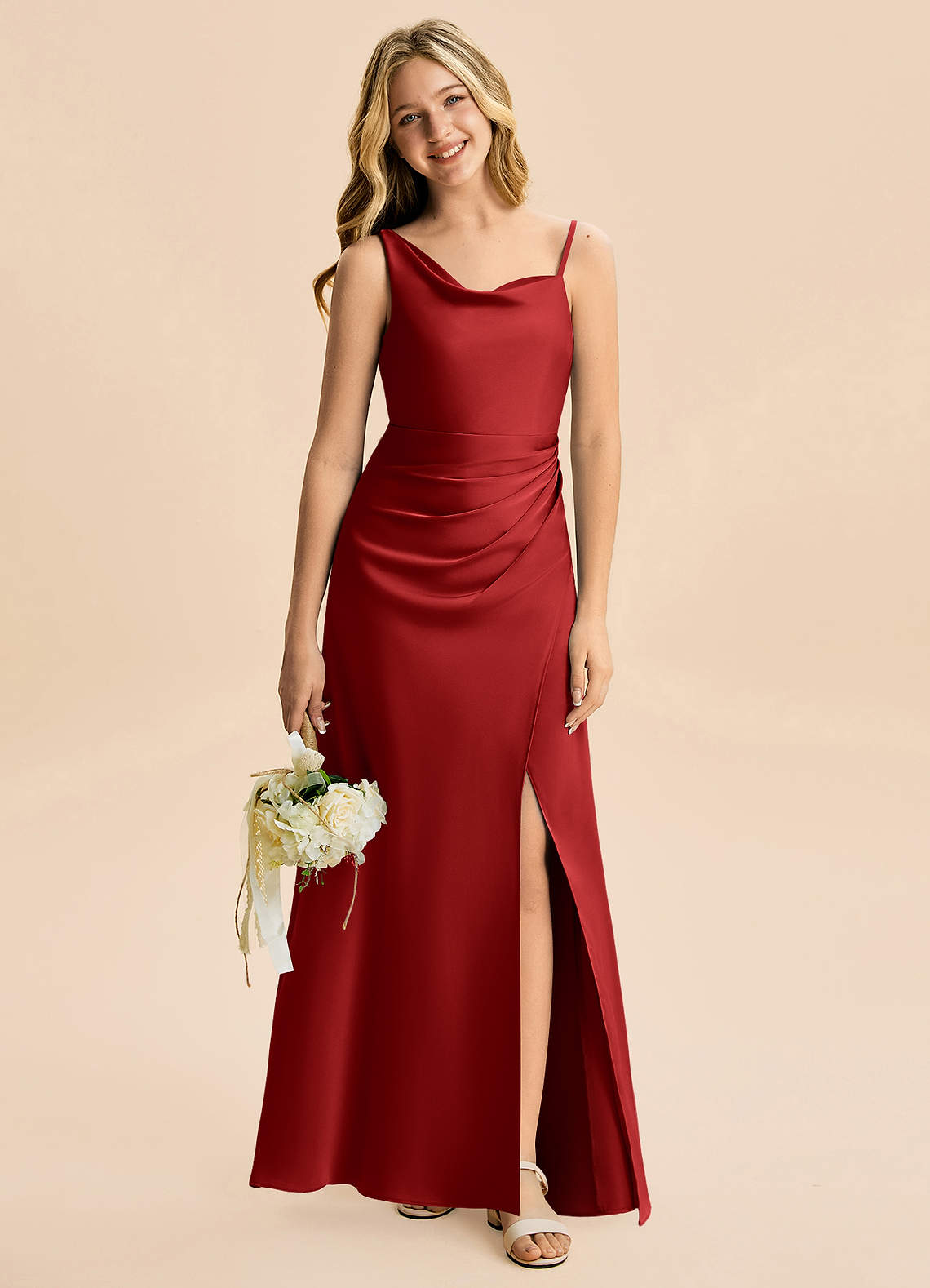 red junior dress Katie J NYC Juniors Beau / Juniors/Women M length junior bridesmaid dress crafted from smooth stretch satin in a flattering A Junior Bridesmaid Dresses 2026 |