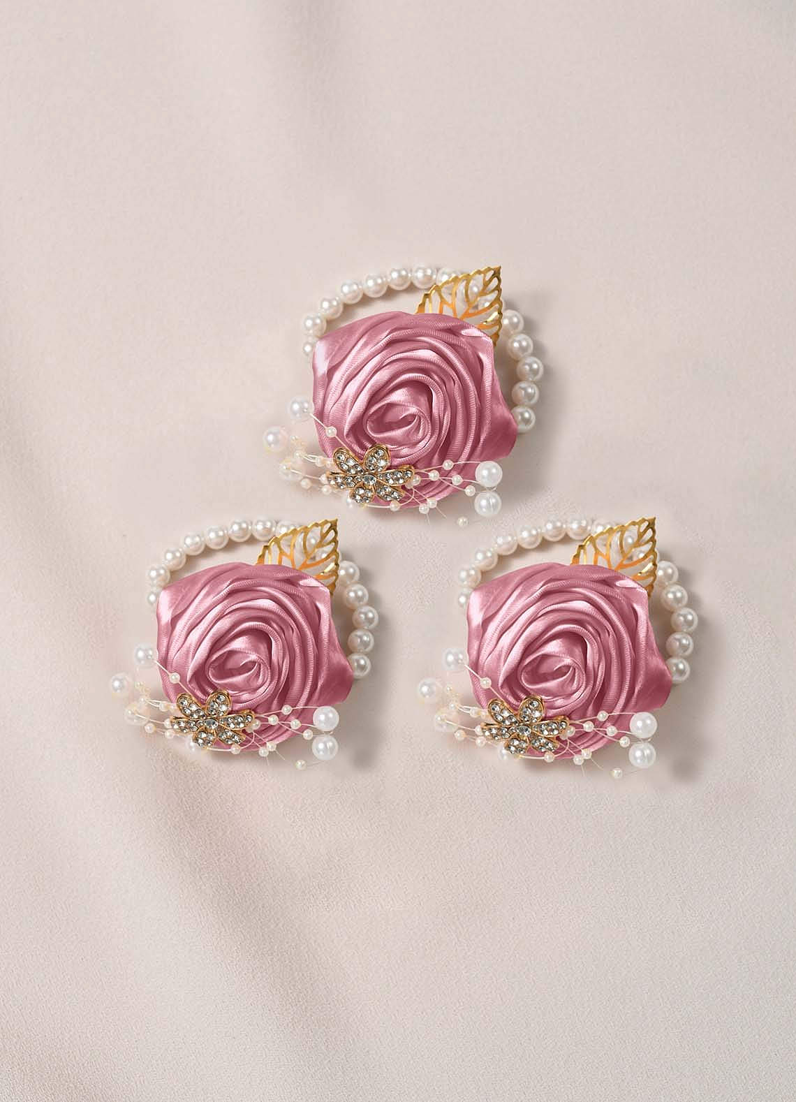 front 3PC Matching Color Bridesmaids Wrist Corsage with Pearl Bracelet