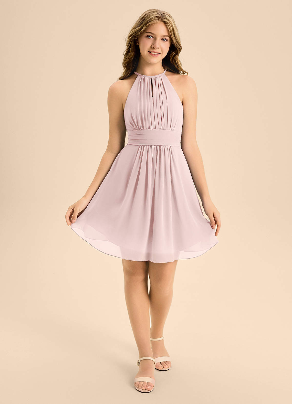 Azazie Bonnie Junior Blushing Pink A-Line Pleated Chiffon Dress image1