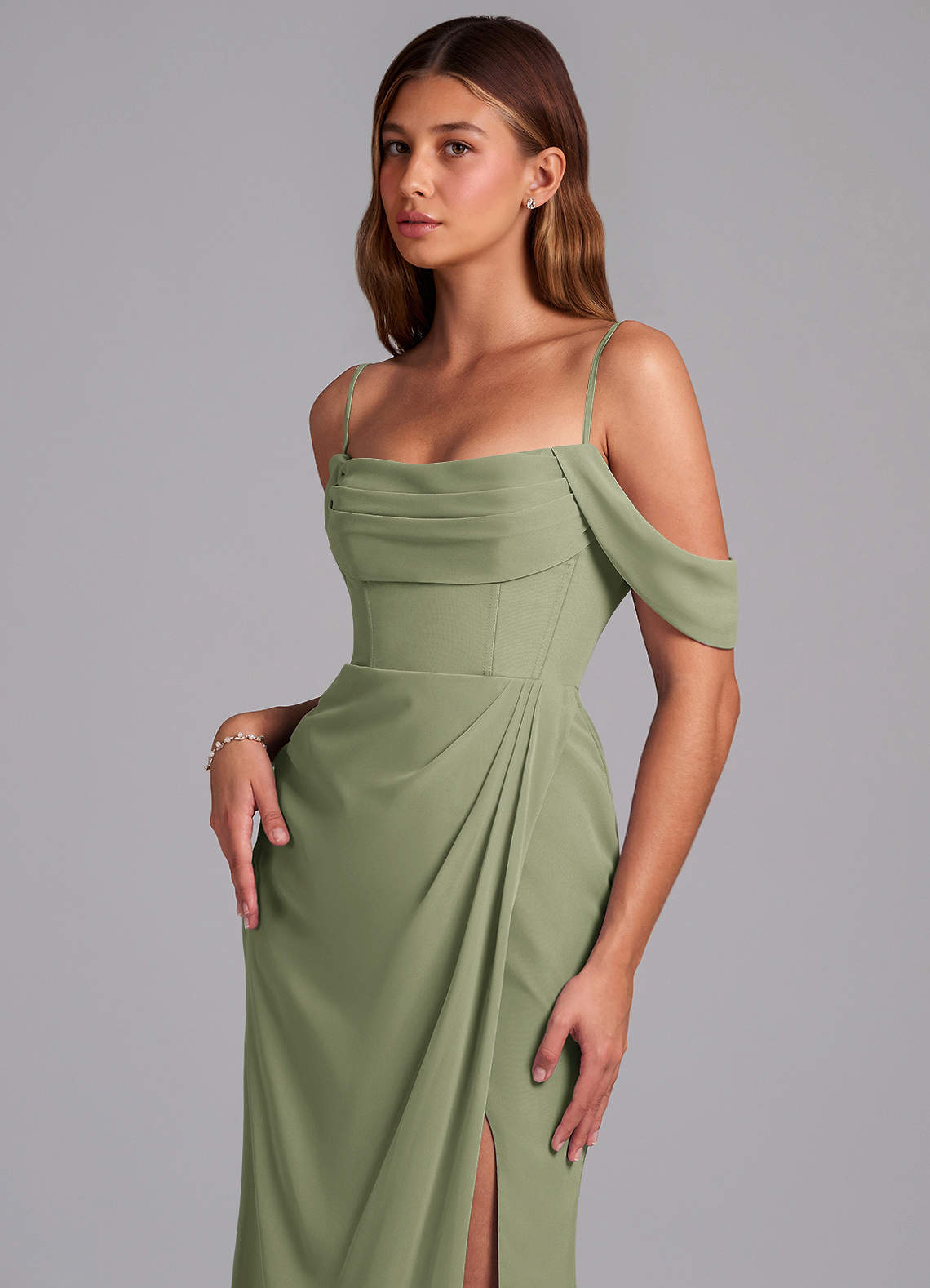 Azazie Johana Brautjungfernkleider Wandelbar Meerjungfrau-Linie Schulterfrei Chiffon Kleid Pistazie image4
