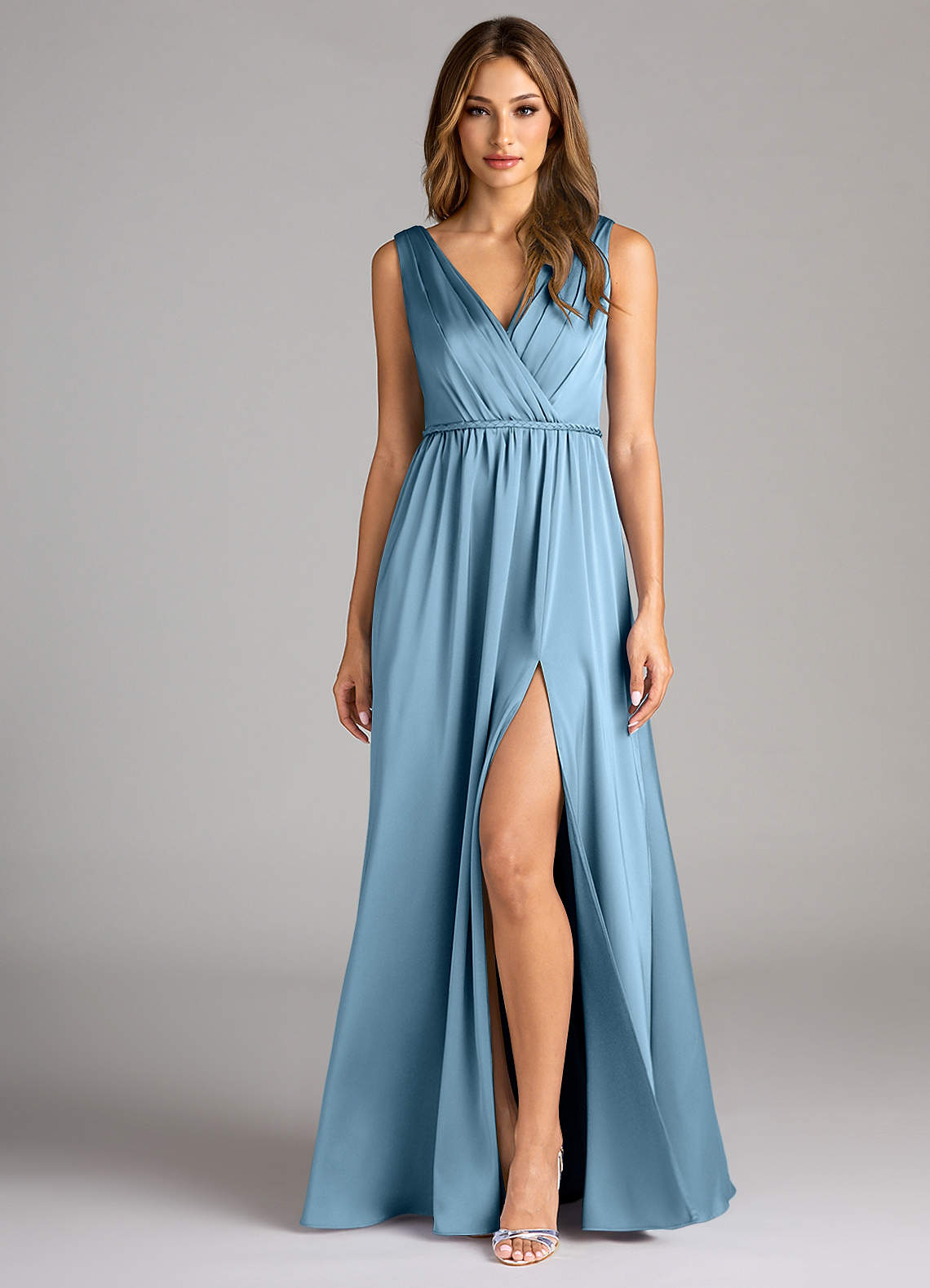 Azazie Tanicia Bridesmaid Dresses Steel Blue A-Line Pleated Stretch Satin Dress image1