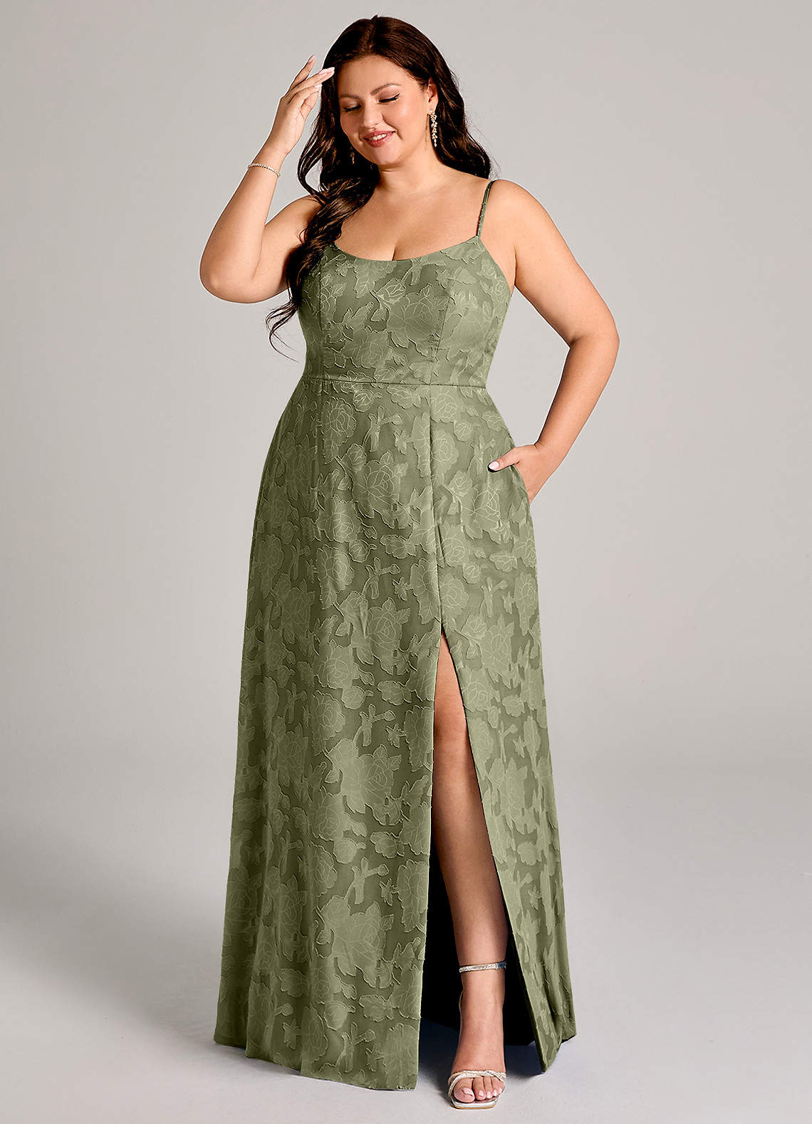 Azazie Moira Bridesmaid Dresses Pistachio A-Line Side Slit Floral Burnout Dress image1