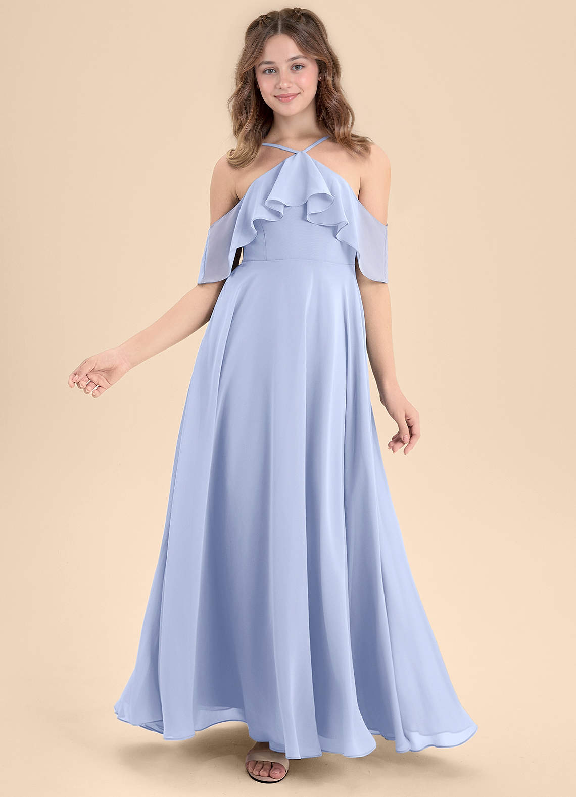 Steel Blue Wedding Party Azazie A-Line/Princess Off The Shoulder  Floor-Length Chiffon Junior Bridesmaid Dresses Ice