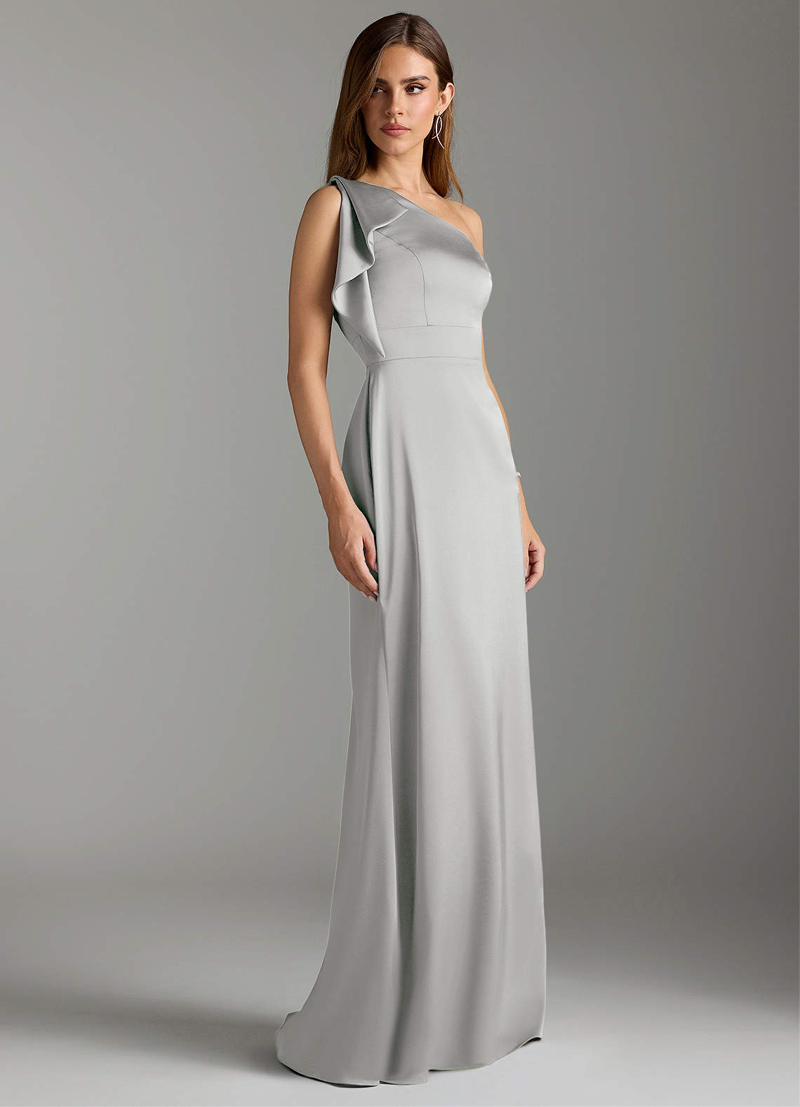 Azazie Rinna Vestidos de damas de honor Vestido de Plata de Satén Elástico de Corte Sirena con Volante image2