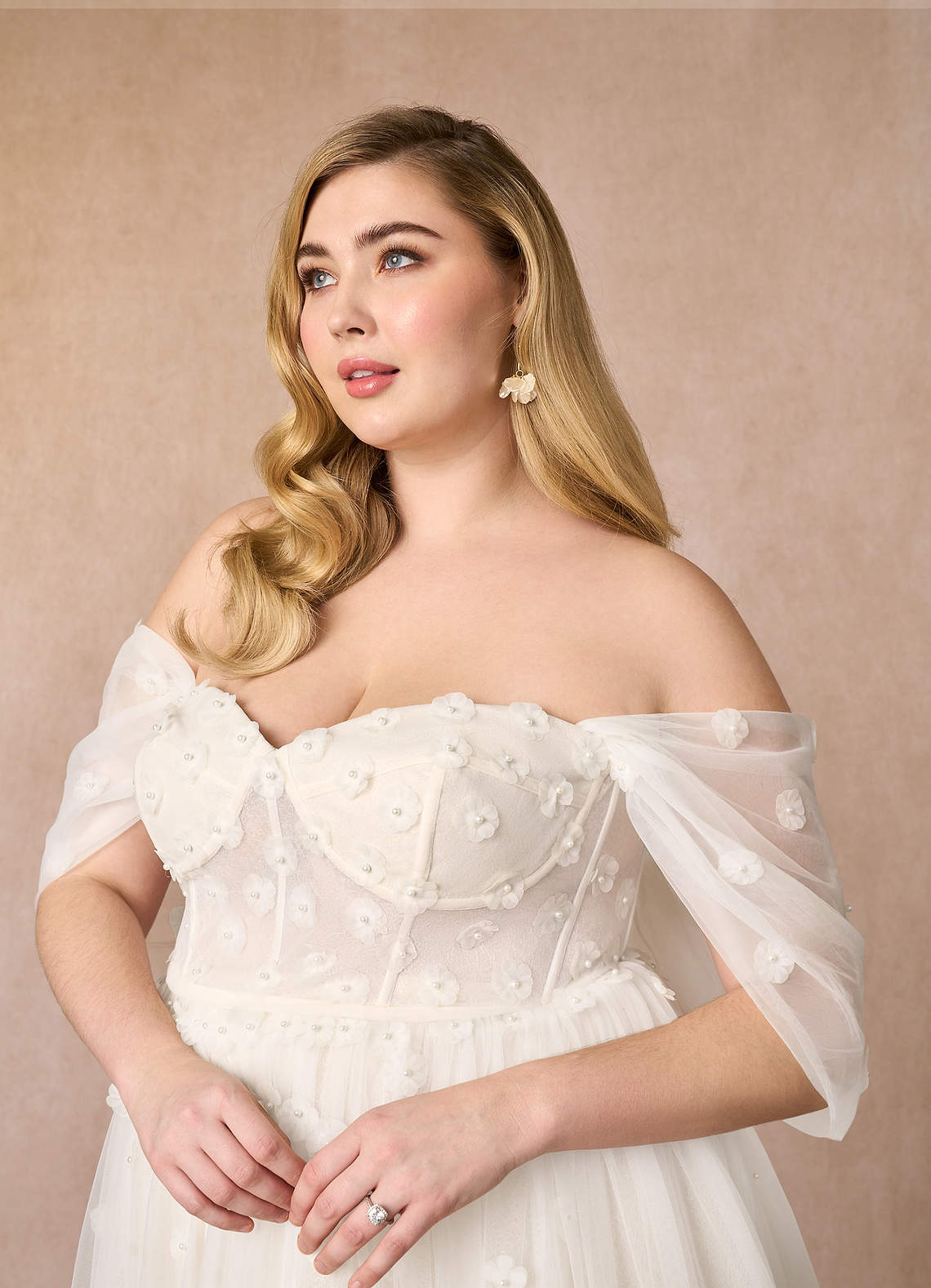 Azazie Airellie At-home Try On Dresses Diamond White Champagne A-Line Off the Shoulder Tulle Dress image15