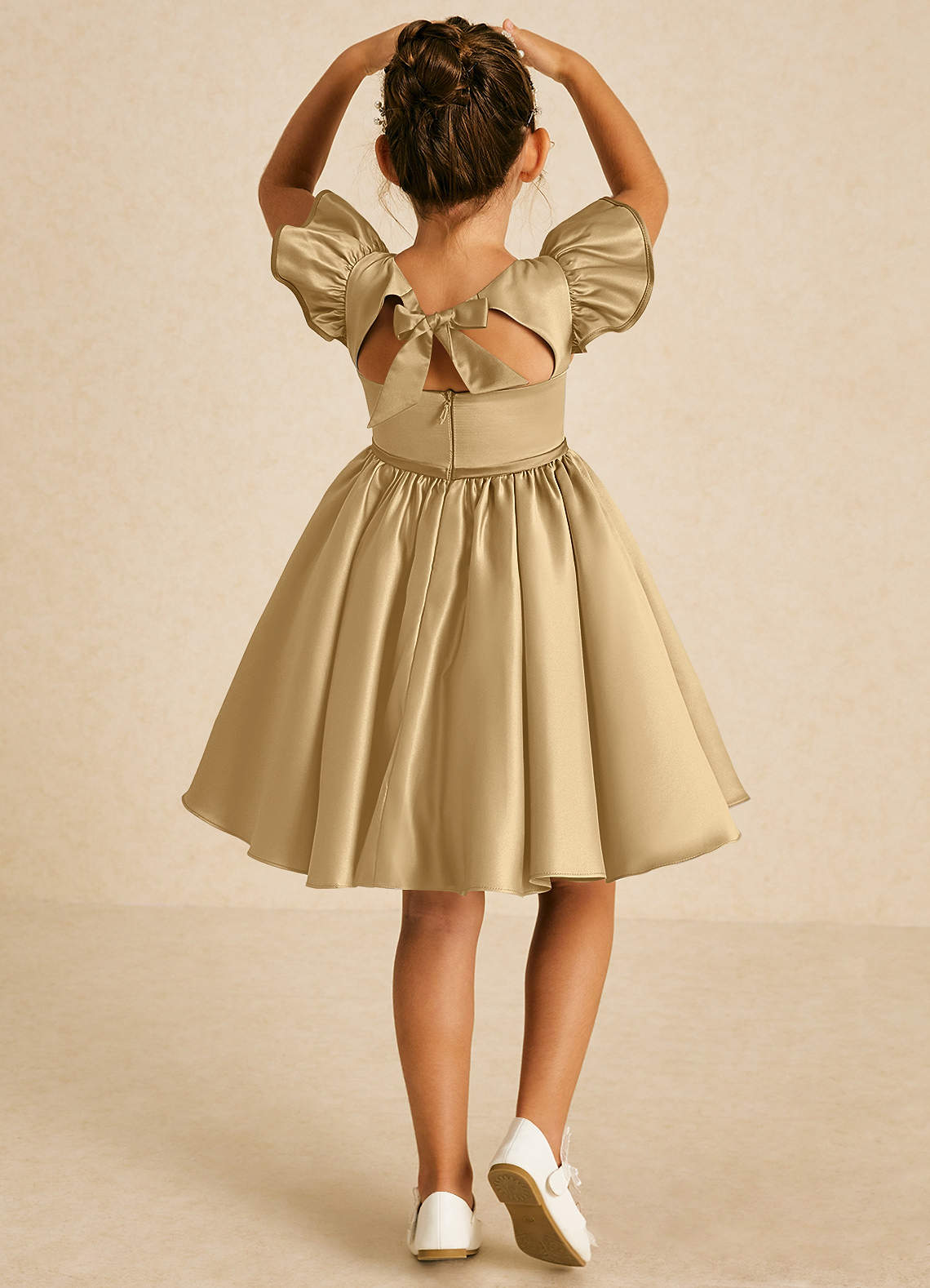 Azazie Sugar Plum Flower Girl Dresses Gold A-Line Bow Matte Satin Dress image1