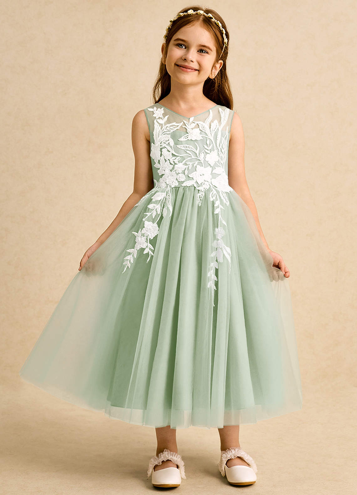 Azazie Sundae Blumenmädchenkleider Ballkleid Spitze Kleid Staubiger Salbeigrün image5