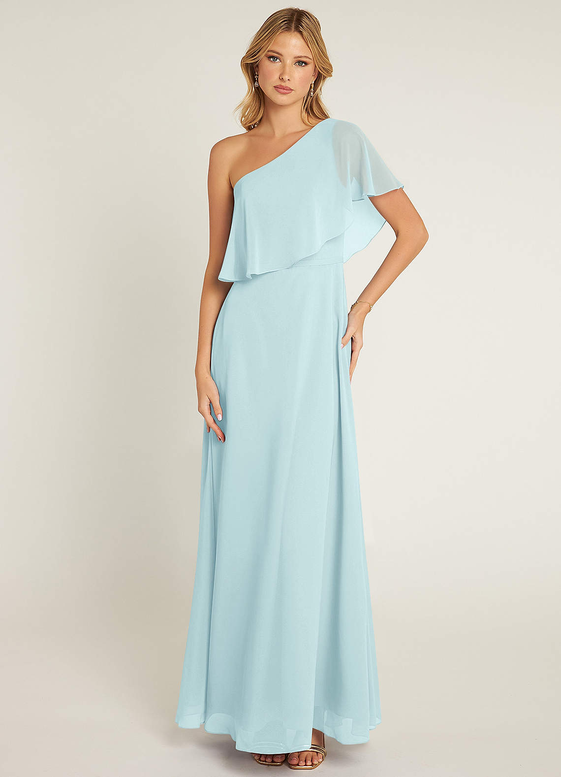 Azazie Lizzy Bridesmaid Dresses Sea Glass A-Line One Shoulder Chiffon Dress image1