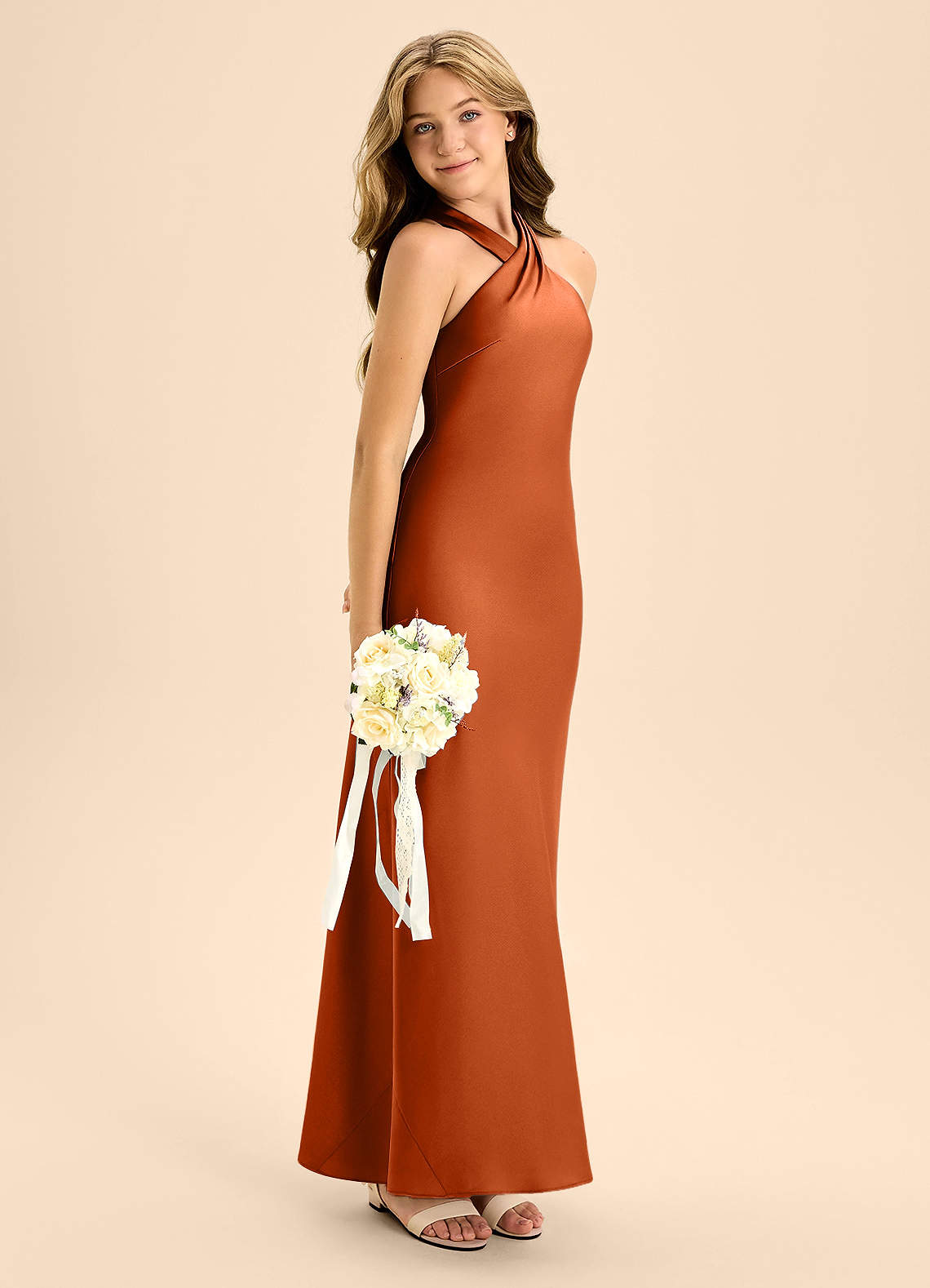 Azazie Doretta Junior Burnt Orange A-Line Pleated Stretch Satin Dress image6