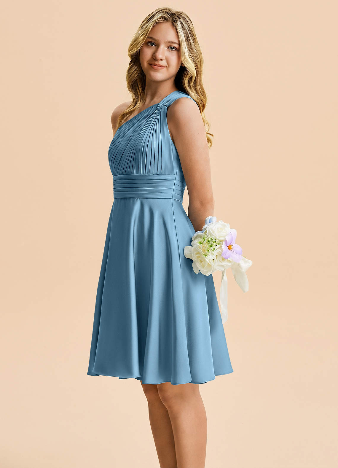 steel blue knee length dress Azazie Charlize Junior Bridesmaid in Split Side