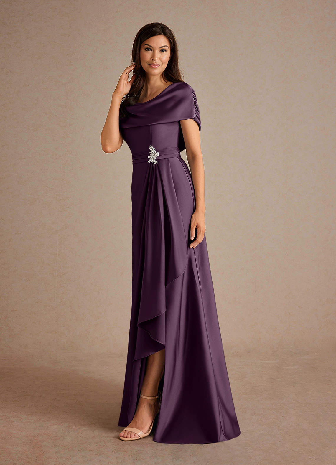 Azazie Branford Mother of the Bride Dresses Plum A-Line Pleated Stretch Satin Dress image1