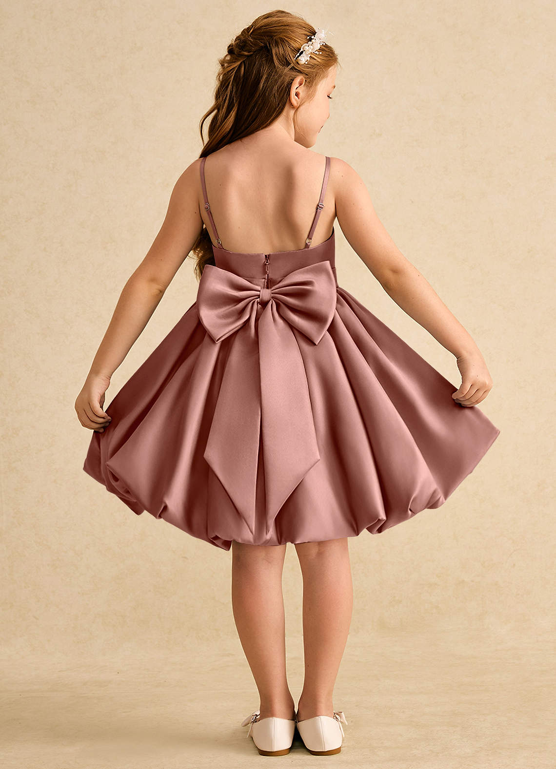 Azazie Davine vestidos de niña de las flores Vestido de Rosa De Cedro de Satin Mate de Corte En A con Tirante Espagueti image1