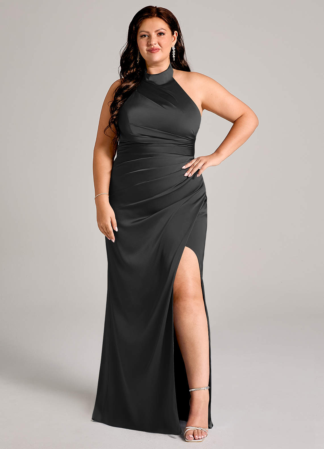 Azazie Jemma Bridesmaid Dresses Black Sheath Pleated Stretch Satin Dress image9