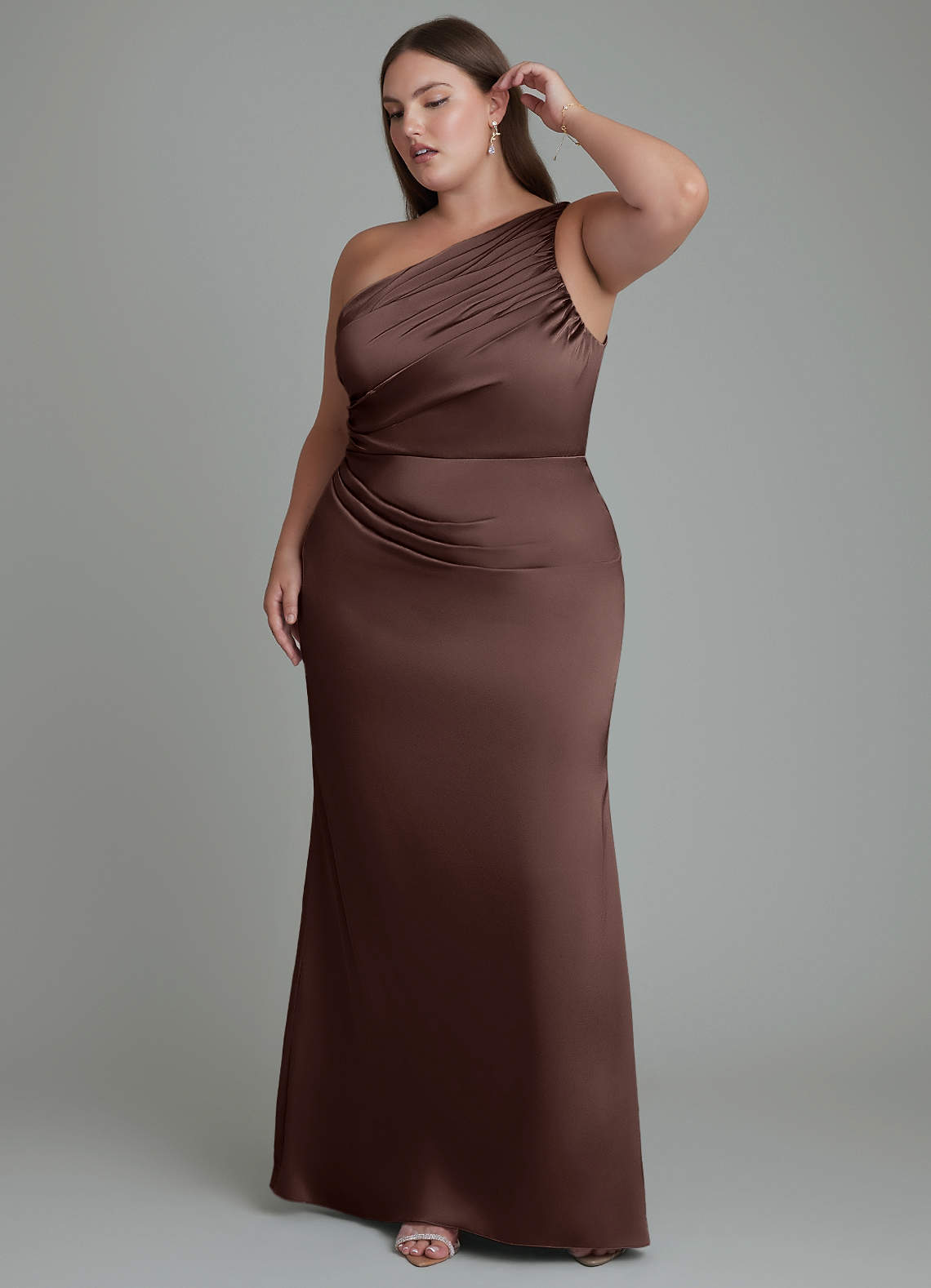 Azazie Akilah Bridesmaid Dresses Ganache Mermaid One Shoulder Stretch Satin Dress image9