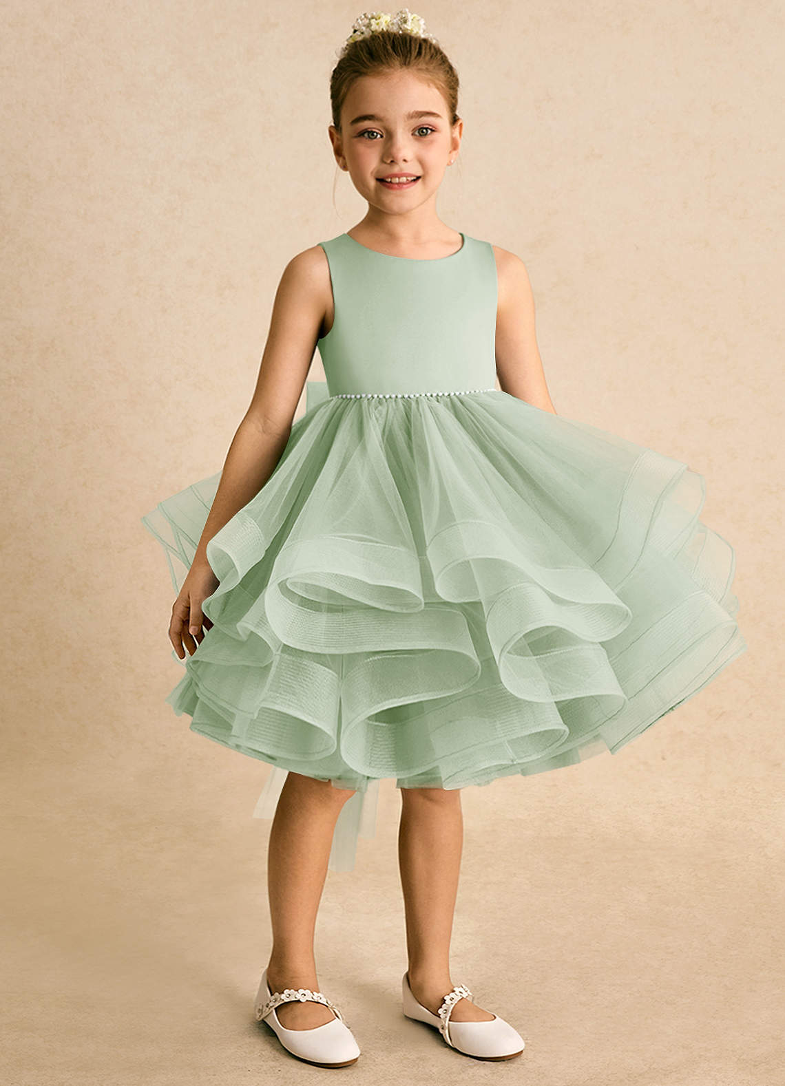 Azazie Tinie Flower Girl Dresses Dusty Sage Ball-Gown Bow Tulle Dress image1