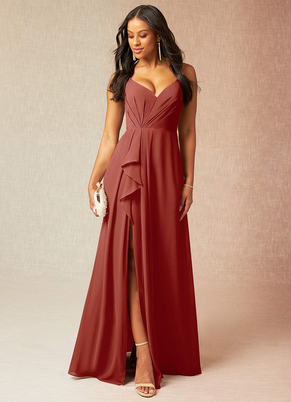 Azazie Kyedae Bridesmaid Dresses Terracotta A-Line V-Neck Pleated Chiffon Dress image1