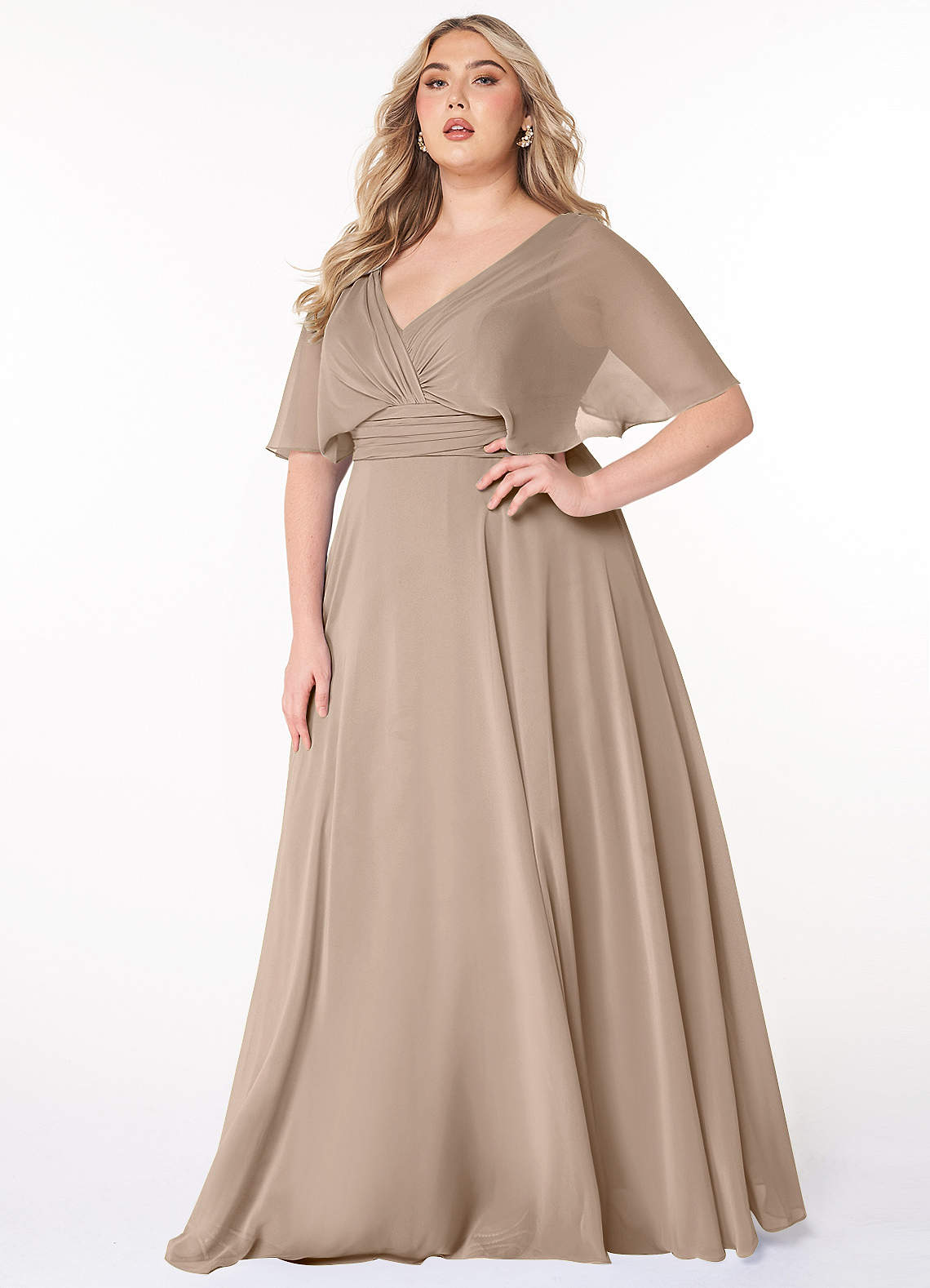 Azazie Pamela Robes de demoiselle d'honneur Robe Trapèze en Mousseline de soie Col V plissé Taupe image1