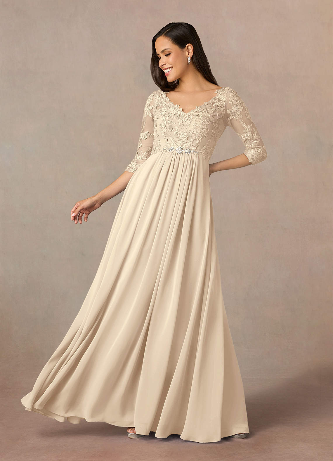 Azazie Hayek Mother of the Bride Dresses Champagne A-Line V-Neck Lace Chiffon Dress image1