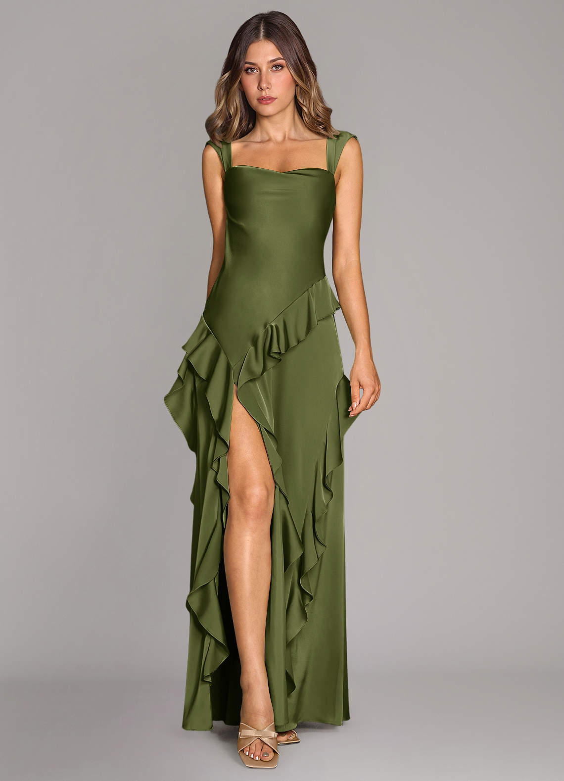 Azazie Sloane Bridesmaid Dresses Olive A-Line Sweetheart Neckline Stretch Satin Dress image1