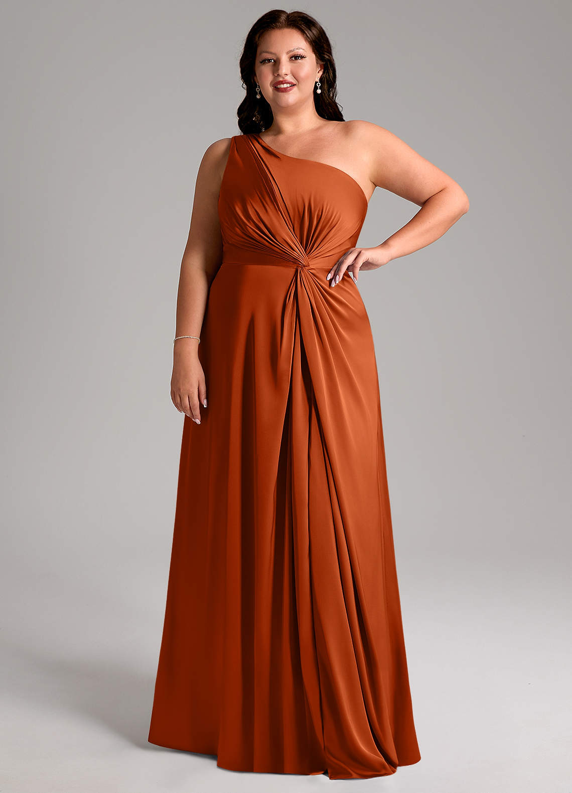 Azazie Brooke Vestidos de damas de honor Vestido de Naranja Quemada de Satén Elástico de Corte en A con Hombro unilateral image11