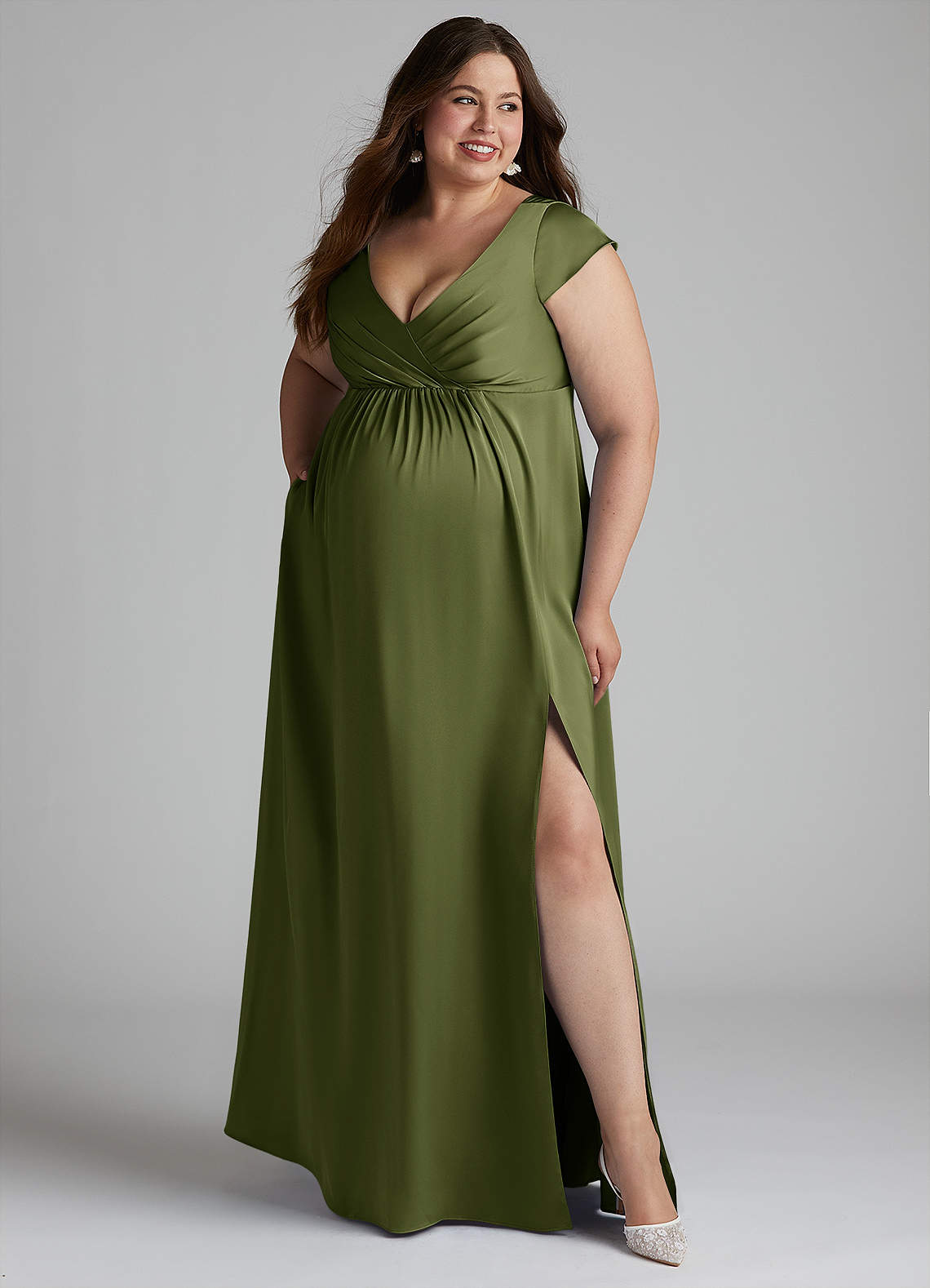 Azazie Allessia Maternity Bridesmaid Dresses A-Line Pleated Stretch Satin Floor-Length Dress image9