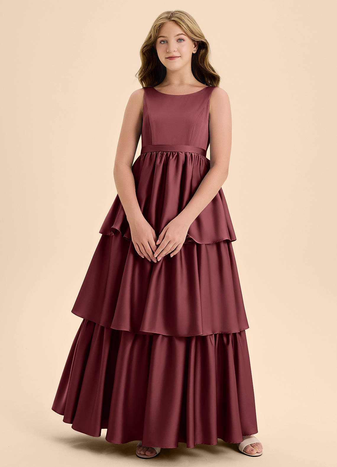 Azazie Meadowyn Junior Abito A-Line in Raso Elasticizzato Fiocco Merlot image1