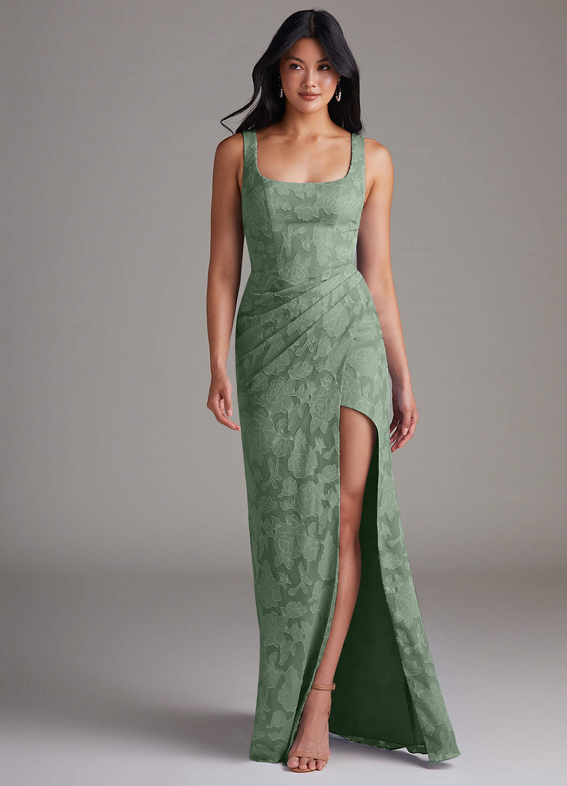 Azazie Mero Bridesmaid Dresses Matcha Sheath Pleated Floral Burnout Dress image3