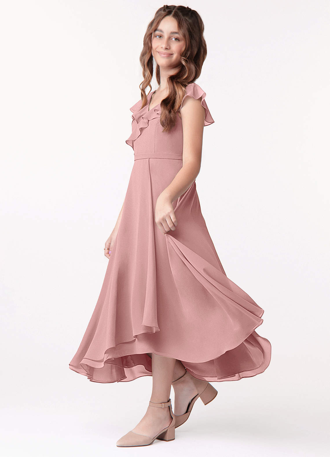 Azazie Posie Junior A-Linie Gestreift Chiffon Kleid Altrosa image1