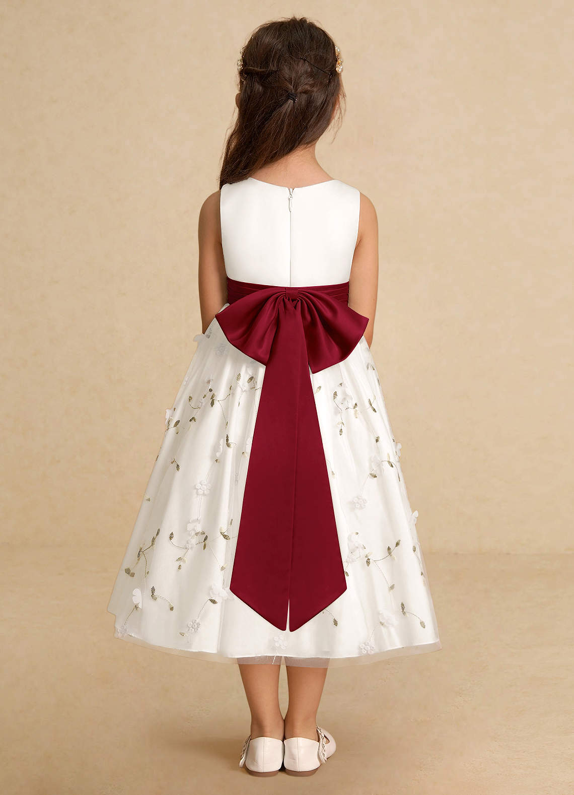 Azazie Pollie Flower Girl Dresses Ivory Burgundy A-Line Bow Tulle Dress image5