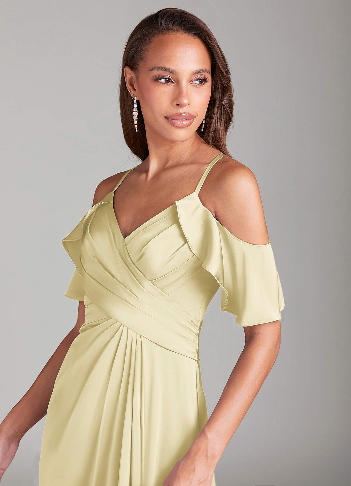 Azazie Dakota At-home Try On Dresses Emerald A-Line Off the Shoulder Stretch Satin Dress image4