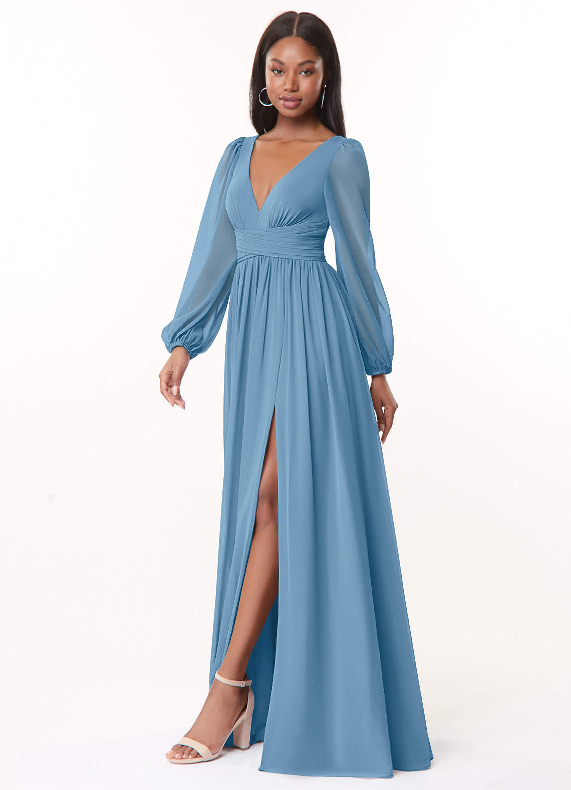 Azazie Norah Abiti da Damigella Abito A-Line in Chiffon con Maniche lunghe e Scollo a V Blu Acciaio image3