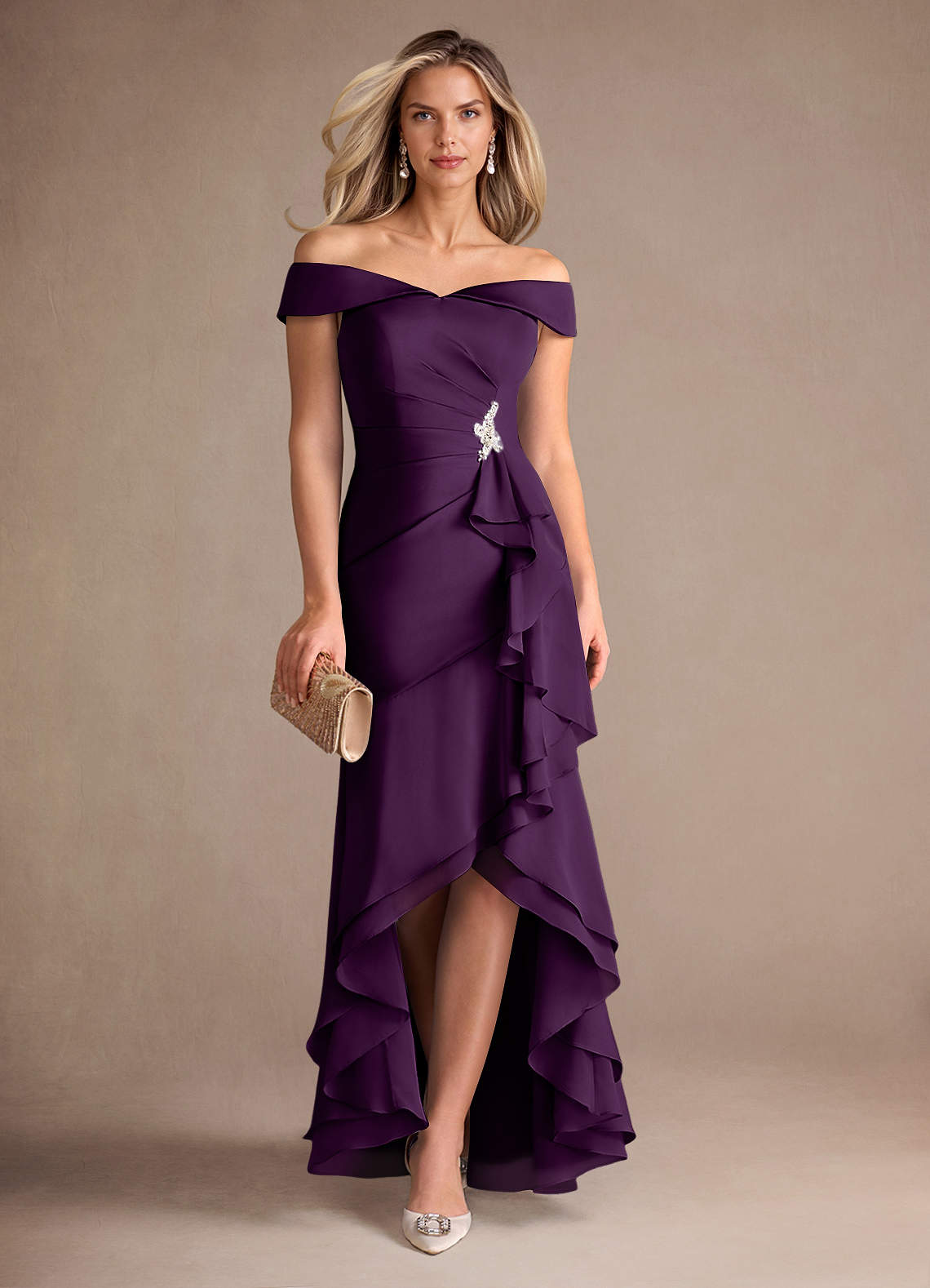 Azazie Billings Mother of the Bride Dresses Grape Mermaid Off the Shoulder Stretch Satin Dress image1