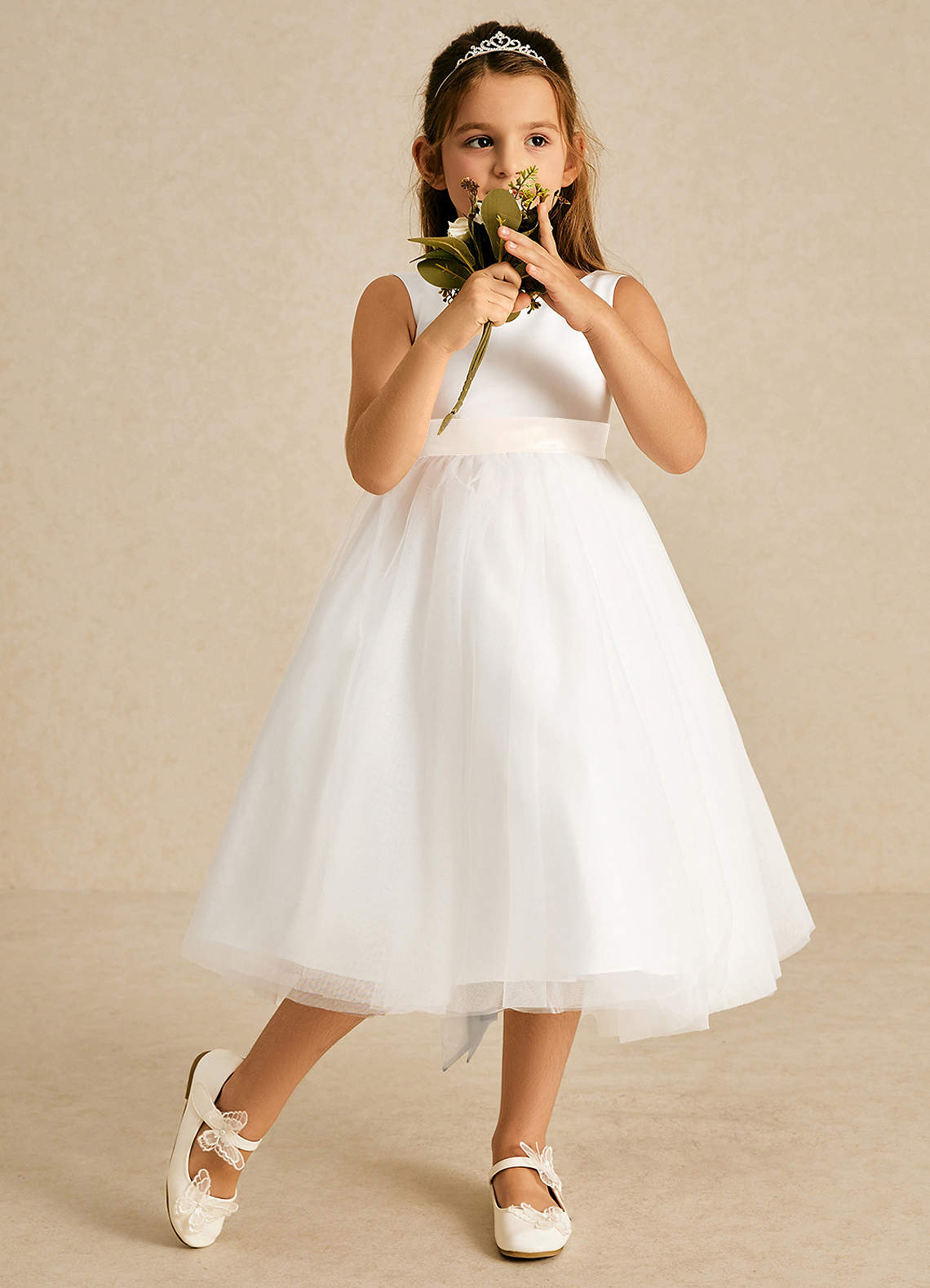 Azazie Kavi Flower Girl Dresses Ivory White Alabaster A-Line Bow Matte Satin Dress image2