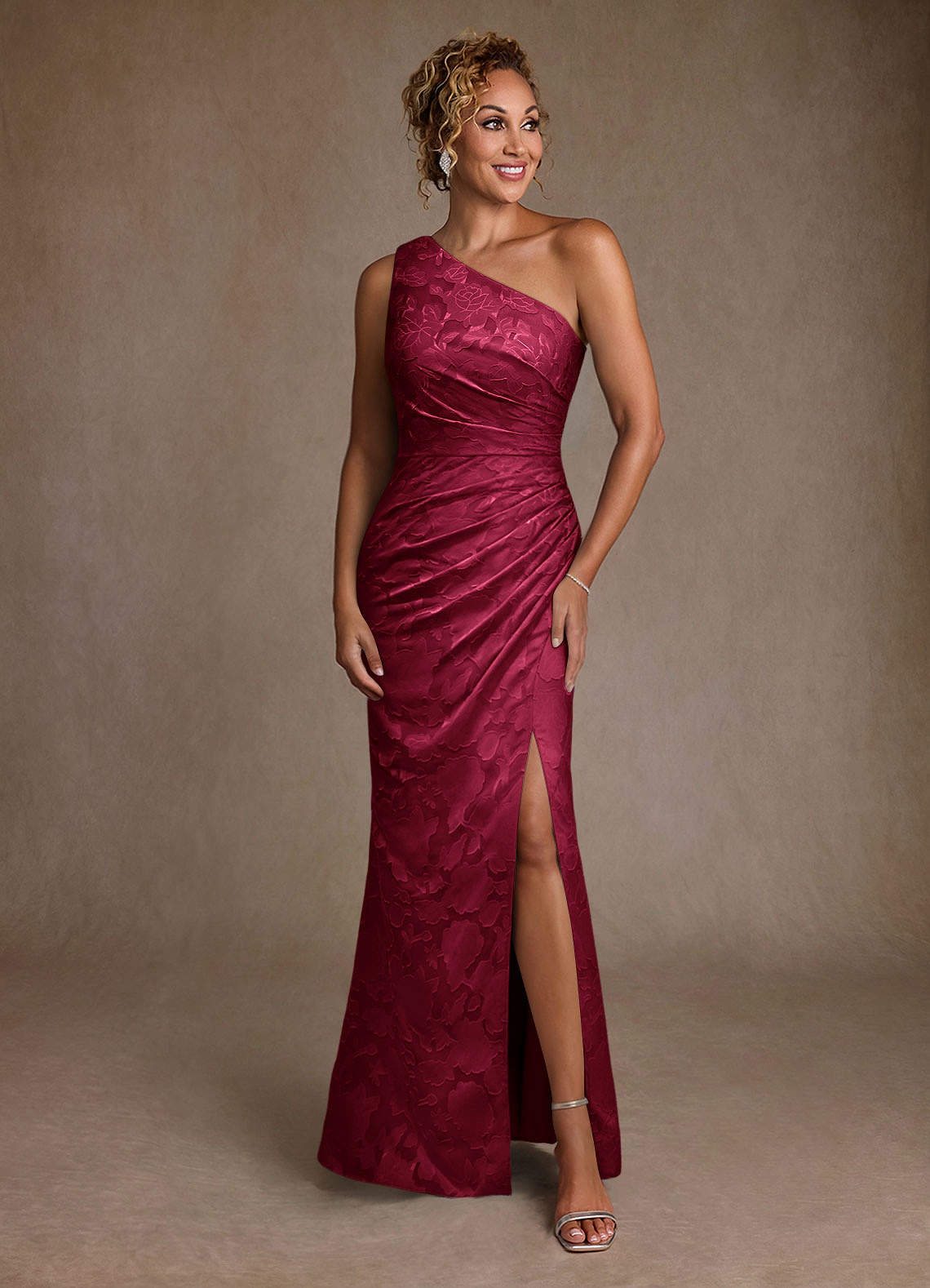 Azazie Joylin Burgundy Trumpet One Shoulder Floral Burnout Dress