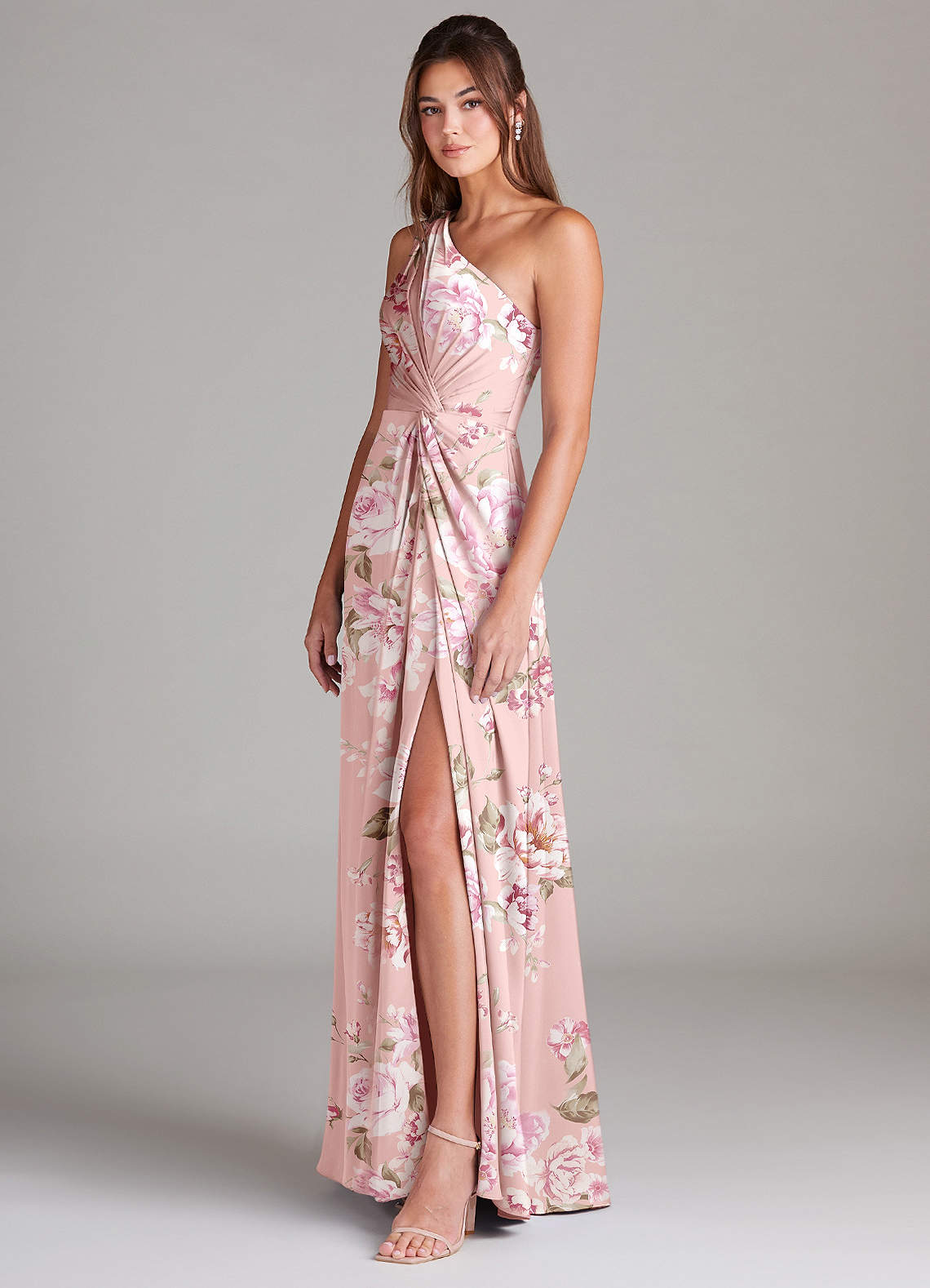 Azazie Brooke Jurken voor bruidsmeisjes Jurk van Stretch Satijn met A-Lijn One-Shoulder Roze Bloemenbloei image5
