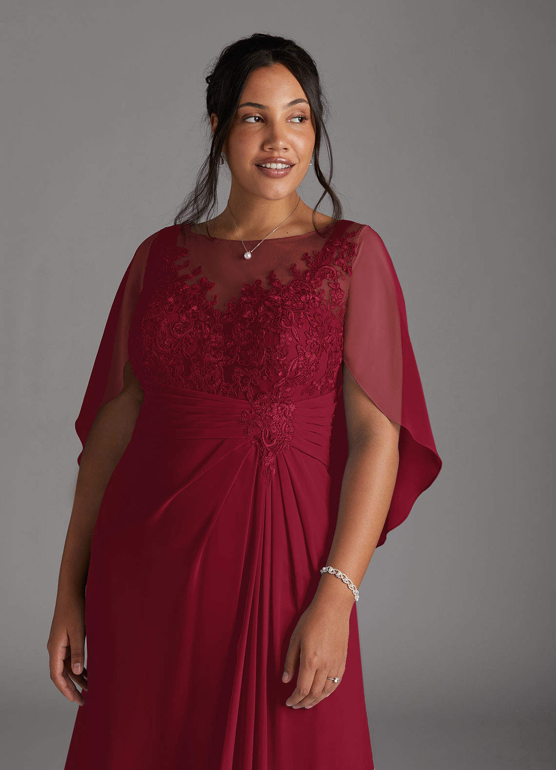 Azazie Hera Mother of the Bride Dresses Burgundy A-Line Lace Capelet Chiffon Dress image10